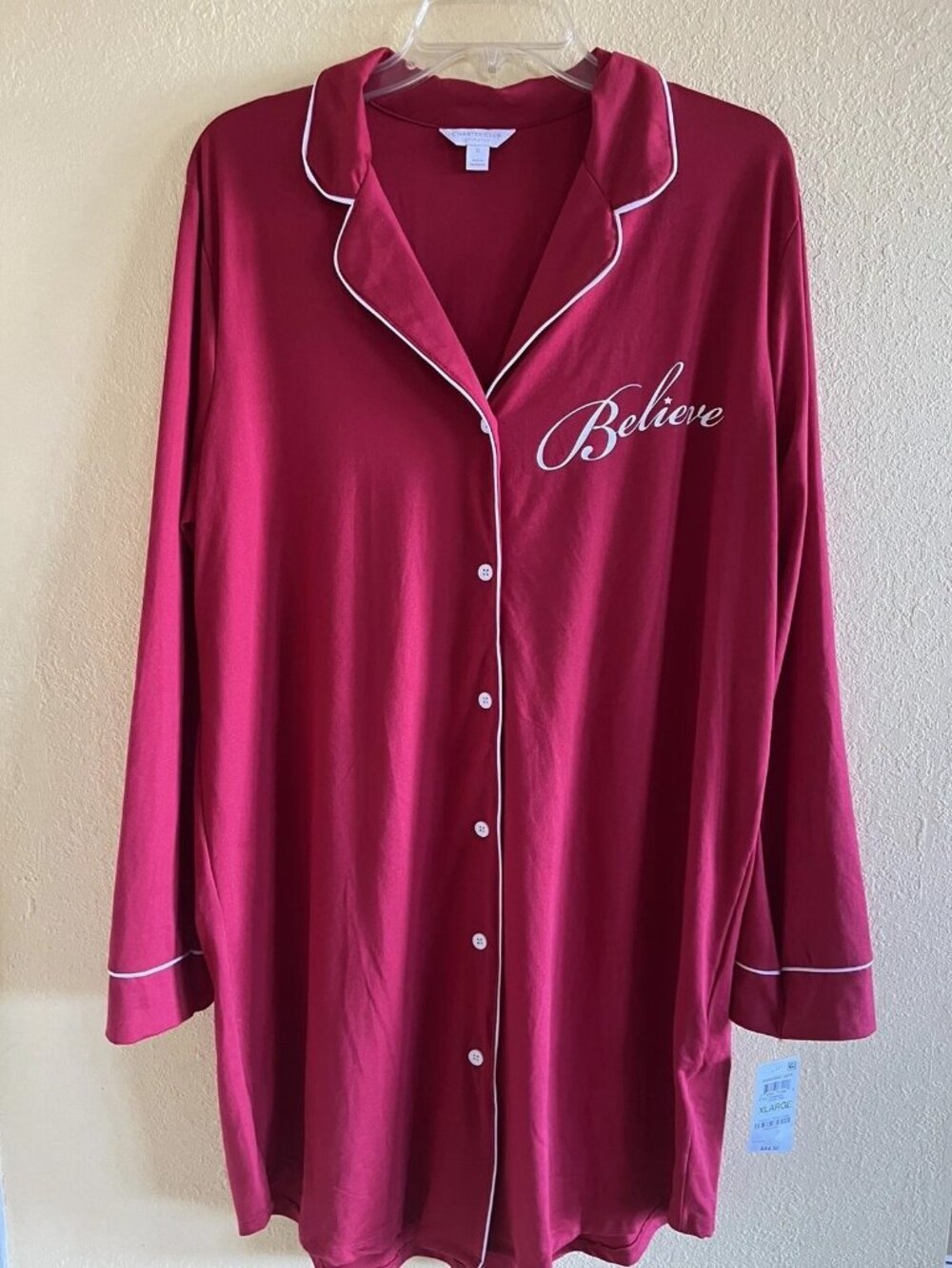 Women’s XL Charter Club Sleep Shirt Red Knit Believe Embroidery Long Sleeves
